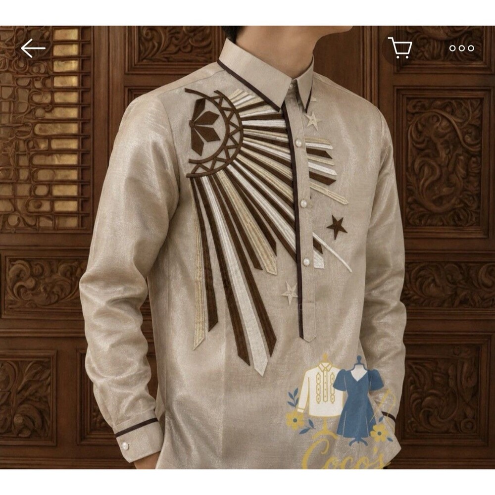 Sinag Philippine Flag Embroidered Piña Organza Barong Tagalog Men's XL Brown